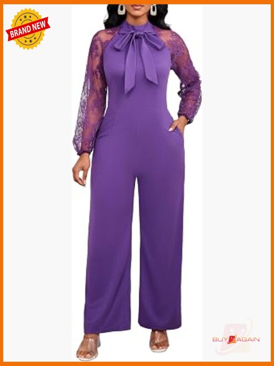 Pants - Elegant Long Sleeve Ruffle Jumpsuit with Pockets Crew Neck